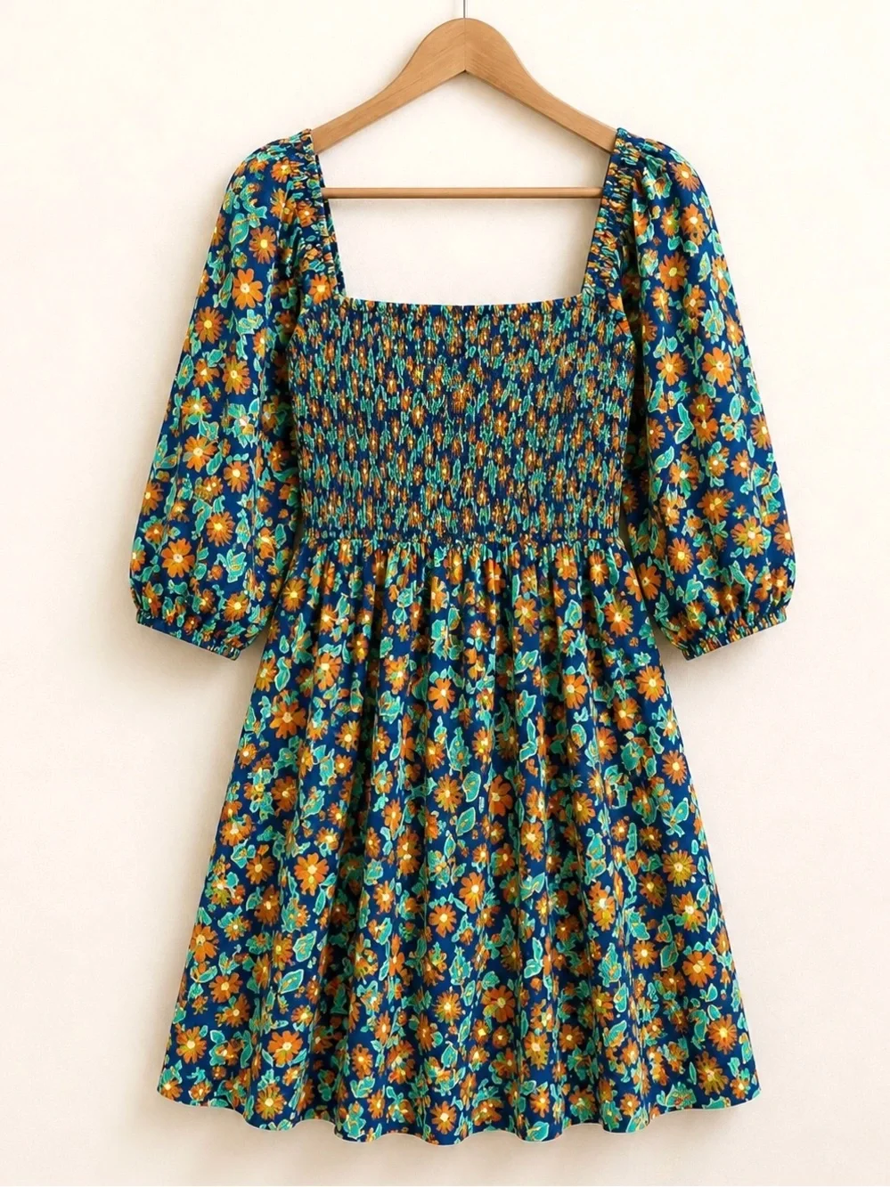 NWT Melloday Smocked Puff Sleeve Floral Mini Dress Navy Orange With Pockets M